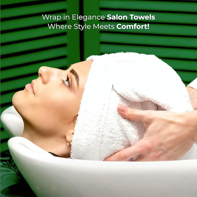 24 Pack Luxury Salon Towels, 100% Ringspun Cotton Comfort, Not Bleach Proof Highly Absorbent Barber Towels (25 x 15) Hair Towel Wrap for Women, Hand, Gym, Beauty, Spa & Home Hair Care – White