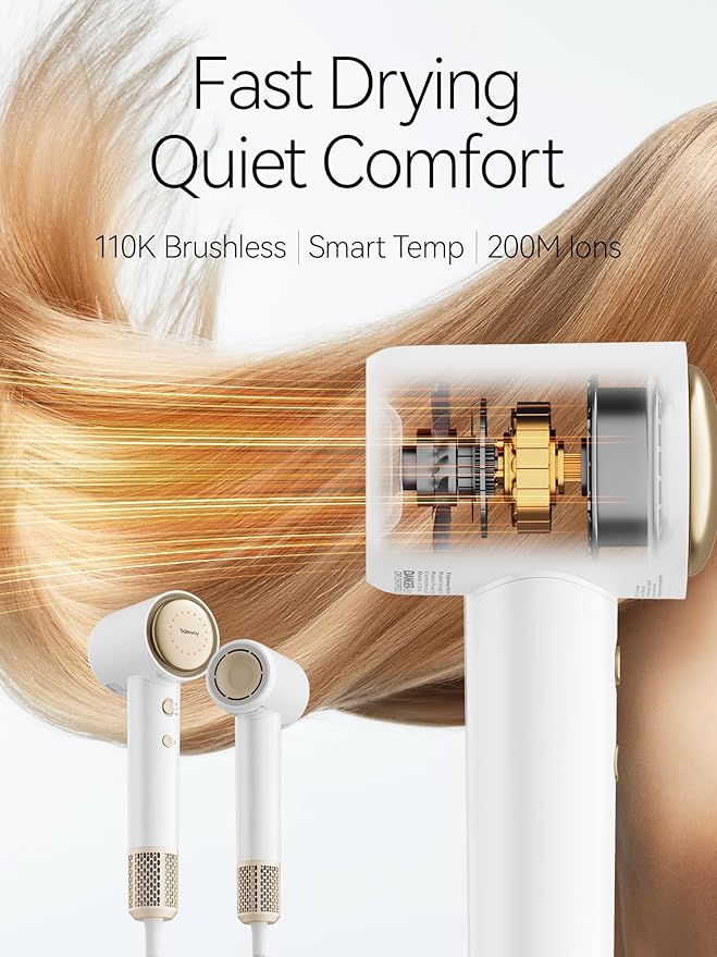 Tideway Hair Dryer, Blow Dryer with Diffuser, Ionic Professional High-Speed 1500W Low-Noise, 110,000 RPM Brushless Motor, Fast Drying, Travel Compact for Women & Men (Gold)