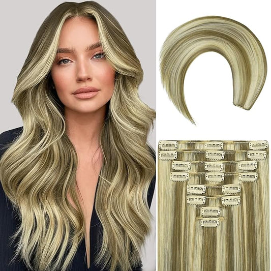 Blonde Clip in Hair Extensions, 16 Inch 90g, 8p613 Mixed Bleach Blonde, Invisible Seamless Straight Remy Blonde Hair Extensions Clip in 8pcs Per Set with Double Weft