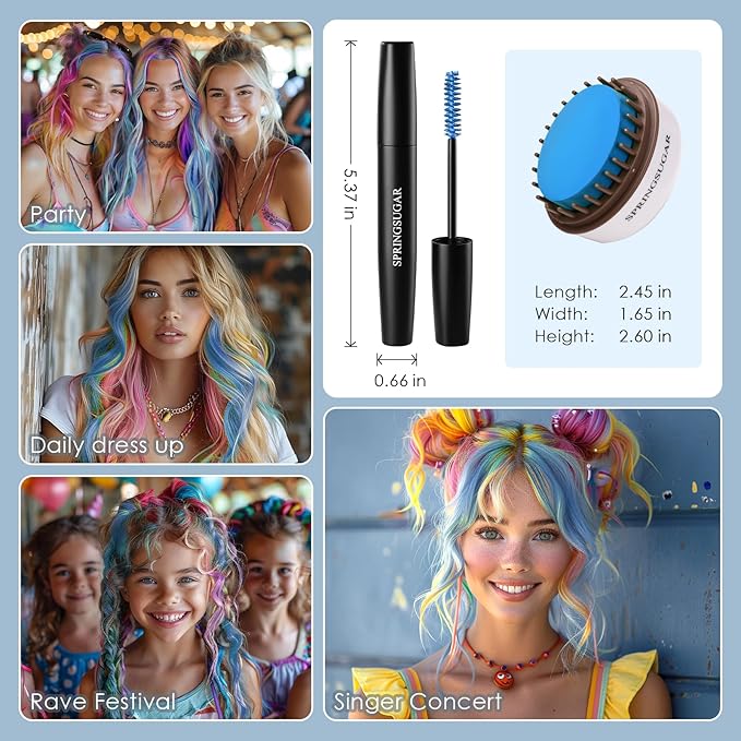 Blue Temporary Hair Chalk Color Comb + Washable Hair Mascara Dye for Girls Kids, Makeup Vibrant Dye Hair Colors for Halloween, Cosplay, Sporting Events, DIY Hair Parties Christmas