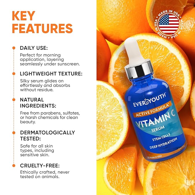 Vitamin C Serum for Face, Stem Cells, Niacinamide, Hyaluronic Acid & Vitamin E – Anti-Aging Retinol Facial Serum with Glycolic Acid & Retinal for Brightening, Hydrating & Firming Skin – Made in USA