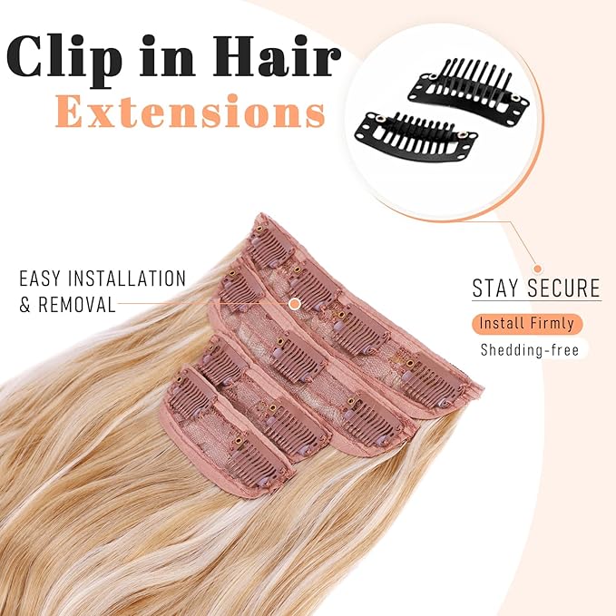 Vigorous Clip in Hair Extensions 20Inch Beach Blonde Highlights Hair Extension Clip Ins 4Pcs Long Wavy Soft Synthetic Hairpieces for Women Girls Daily Use Event Party Use