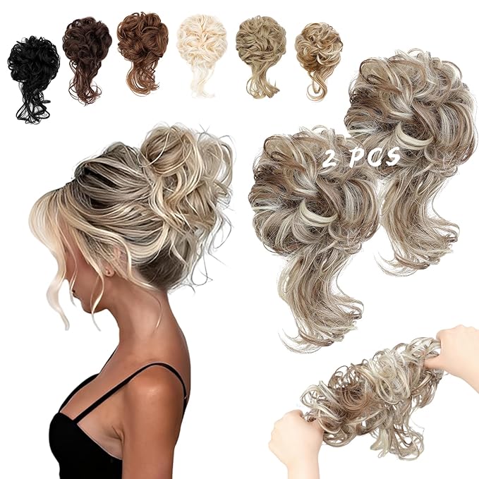 2PCS Messy Bun Hair Piece Tousled Updo with Tendrils Wavy Curly Hair Bun Scrunchies Ponytail Extension Elastic Band Hairpieces For Women (Light Brown mix Bleach Blonde)