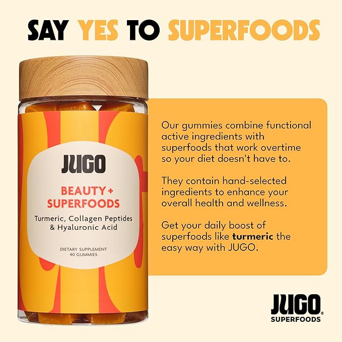 JUGO Beauty + SUPERFOODS Hair, Skin and Nails Collagen Gummies, Hyaluronic Acid and Turmeric Supplement, Cruelty-Free, Gelatin-Free and Gluten-Free Gummy Vitamins, Non-GMO, Made in USA, 40 Count
