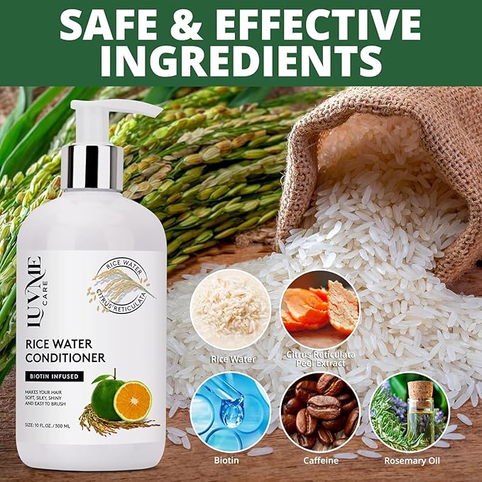 Luv Me Care Rice Water Hair Thickening Shampoo and Conditioner Set - with Biotin Strengthening and Volumizing Formula for Thinning Hair, All Hair Types, Men and Women