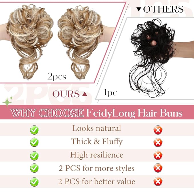 2PCS Messy Bun Hair Piece Tousled Updo with Tendrils Wavy Curly Hair Bun Scrunchies Ponytail Extension Elastic Band Hairpieces For Women (Ginger Brown Mix Bleach Blonde)