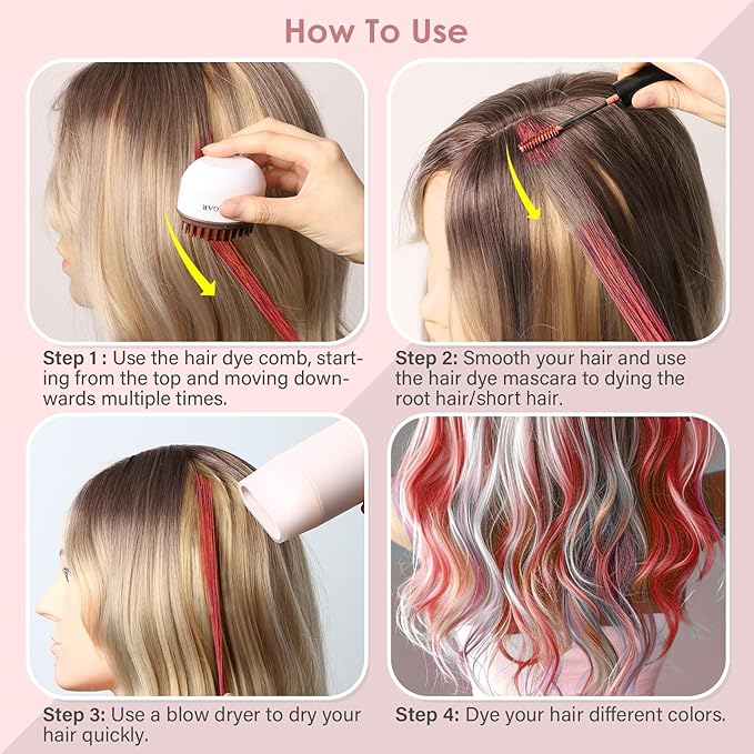Red Temporary Hair Chalk Color Comb + Washable Hair Mascara Dye for Girls Kids, Makeup Vibrant Dye Hair Colors for Halloween, Cosplay, Sporting Events, DIY Hair Parties Christmas