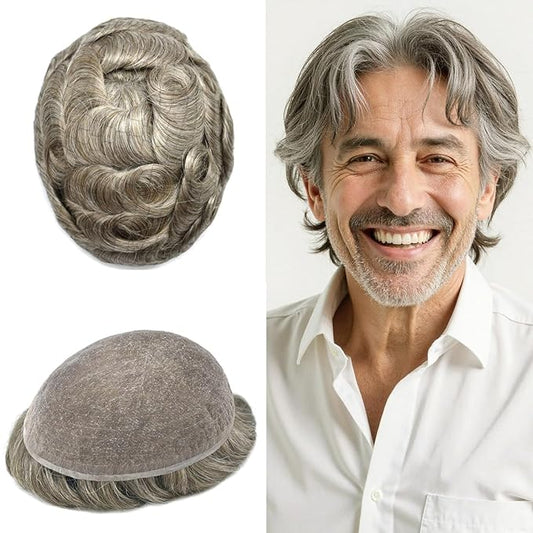 Toupee For Men Real Human Hair System Full Swiss Lace Mens Toupee Lace Hair Piece For Men Hair System Bleached Knots 8x10-80% light density#650 6# LIGHT BROWN+50% GREY