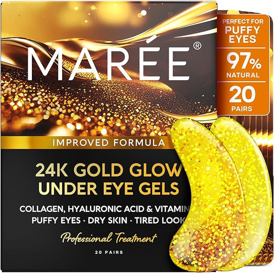MAREE 24k Gold Glow Under Eye Gels for Dark Circles and Puffiness - Cooling Collagen & Hyaluronic Acid Skincare Gel Pads - Gold Eye Patches for Puffy Eyes and Dark Circles - Under Eye Masks