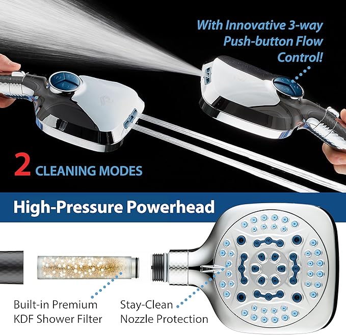 AquaCare 4X High Pressure 10 Spray Mode Filtered Showerhead - Handheld Shower Head Filters Chlorine to Heal Dry Skin, Revive Hair - Dual Power Wash Cleans Tub, Tile, Pets - Hard Water Softener, Chrome
