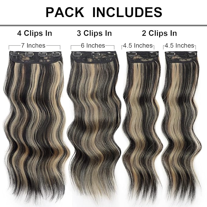 Vigorous Clip in Hair Extensions 20 Inch Black Mix Blonde Long Hair Extensions Clip Ins 4PCS Soft Synthetic Hairpieces for Women