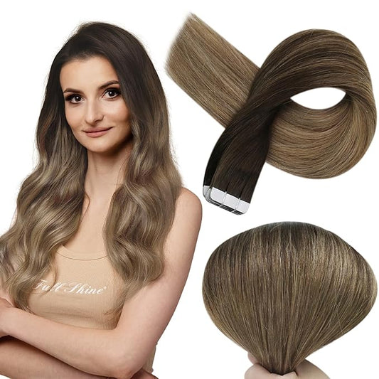 Full Shine Balayage Tape in Hair Extensions Real Human Hair Color 2/6/18 Hair Extensions Tape ins Skin Weft Glue in Human Hair 18 Inch Straight Human Hair Extension 50Gram Invisible Extensions 20Pcs