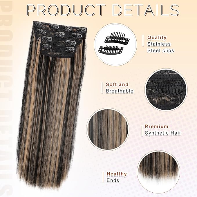 Vigorous Clip in Hair Extensions 22 Inch Black mix Blonde Hair Extension Clip Ins 4PCS Soft Synthetic Straight Hairpieces for Women