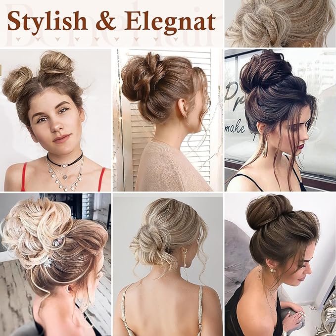 Benehair Messy Bun Hair Piece Scrunchy Updo Hair Pieces for Women Fluffy Wavy Hair Bun Scrunchies Donut Hairpiece Synthetic Chignons with Elastic Rubber Band Ash Blonde mix Bleach Blonde 2pcs 50g