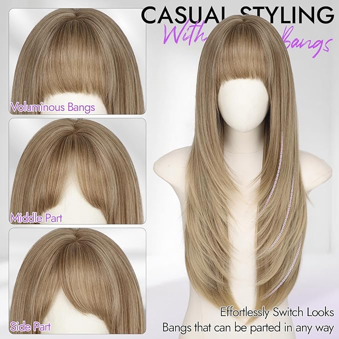 Long Golden Blonde Wig with Bangs for Women,4x4 Realistic Scalp,Free Parting,Layered Hairstyle Synthetic Heat Resistant for Daily Party Use 26 inch