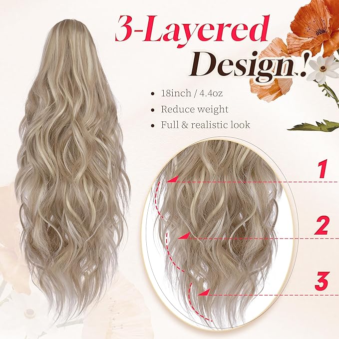 18" Ponytail Curly Claw Clip in Hair Extensions Jaw Clip on Ponytails for Women Wavy Long Ponytail Extension Synthetic Fake Hair for Thinning Hair - Dark Ash Blonde Mixed Bleach Blonde