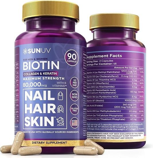SUNUV Biotin 10,000mcg | Collagen | Keratin - 80,000mcg Hair Growth Vitamins for Women & Men,Skin & Nails Support - Hyaluronic Acid & Vitamins B1,B2,B3,B5,B6,B9,B12 -Made in USA-90 Capsules