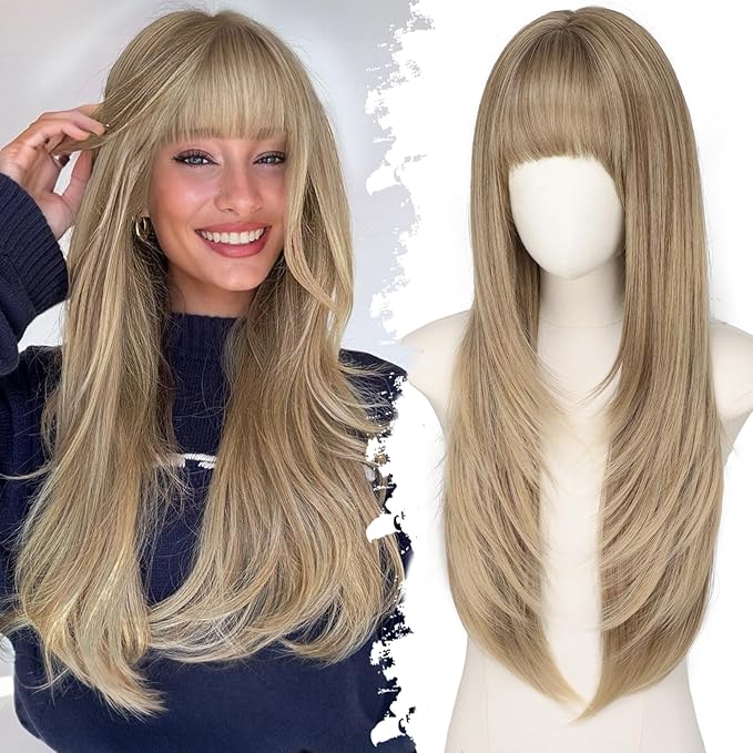 Long Golden Blonde Wig with Bangs for Women,4x4 Realistic Scalp,Free Parting,Layered Hairstyle Synthetic Heat Resistant for Daily Party Use 26 inch