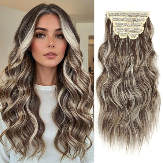 Vigorous Clip in Hair Extensions 6Pcs Hair Extension Clip Ins 20Inch Natural Soft Synthetic Hairpieces for Women(Light Brown & Ash Blonde)