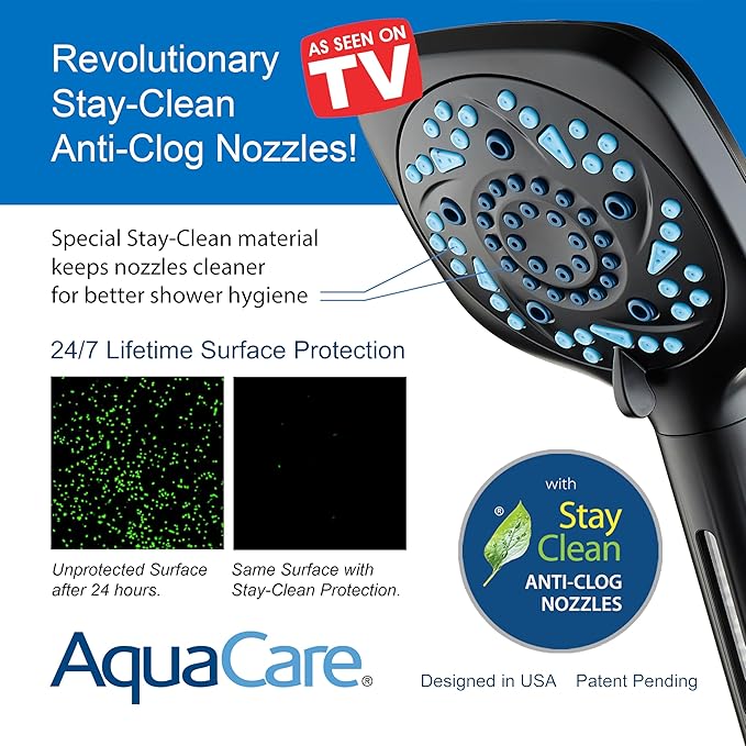 AquaCare High Pressure 10 Spray Mode Filtered Showerhead - Handheld Shower Head Filters Chlorine to Heal Dry Skin, Revive Hair - Dual Power Wash Cleans Tub, Tile, Pets - Hard Water Softener, Black