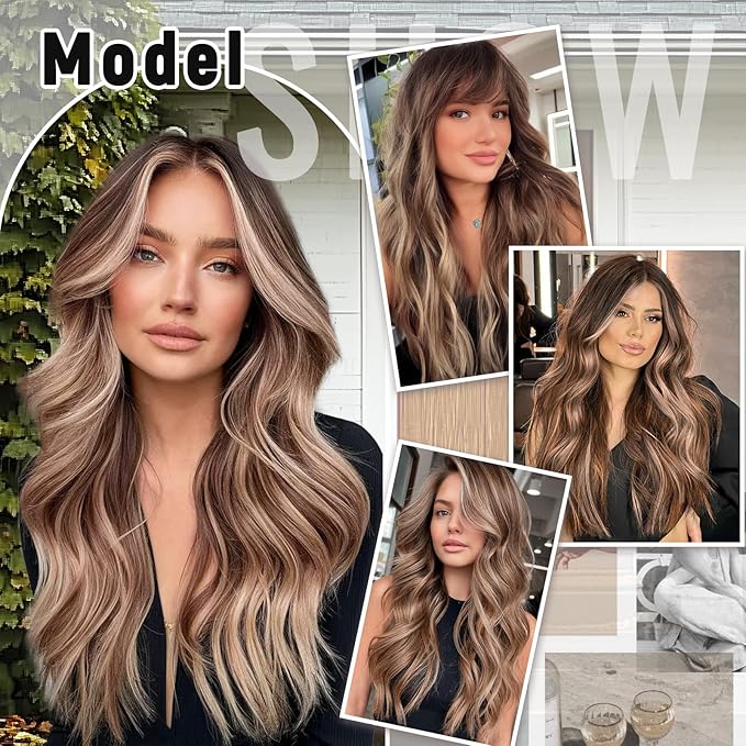 Vigorous Clip in Hair Extensions 20Inch Golden brown mixed Highlights Hair Extension Clip Ins 4Pcs Long Wavy Soft Synthetic Hairpieces for Women Girls Daily Use Event Party Use