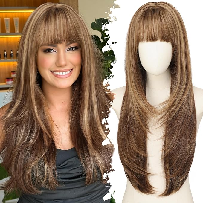 Long Light Brown mix Blonde Highlights Wig with Bangs for Women,4x4 Realistic Scalp,Free Parting,Layered Hairstyle Synthetic Heat Resistant for Daily Party Use 26 inch