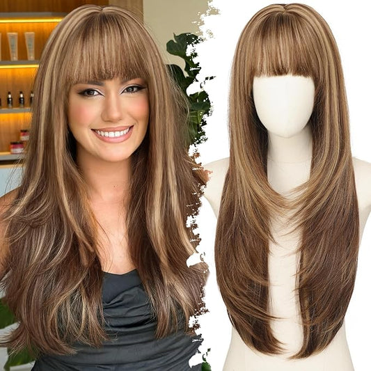 Long Light Brown mix Blonde Highlights Wig with Bangs for Women,4x4 Realistic Scalp,Free Parting,Layered Hairstyle Synthetic Heat Resistant for Daily Party Use 26 inch