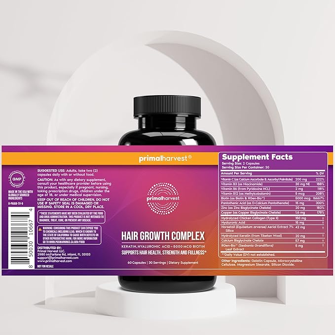 Primal Harvest Hair Growth Vitamins, Hair Growth for Women & Men - 60 Hair Growth Pills, Natural Hair Thickening Products for w/Biotin & Zinc - Hair Supplement, Regrowth Hair Vitamins