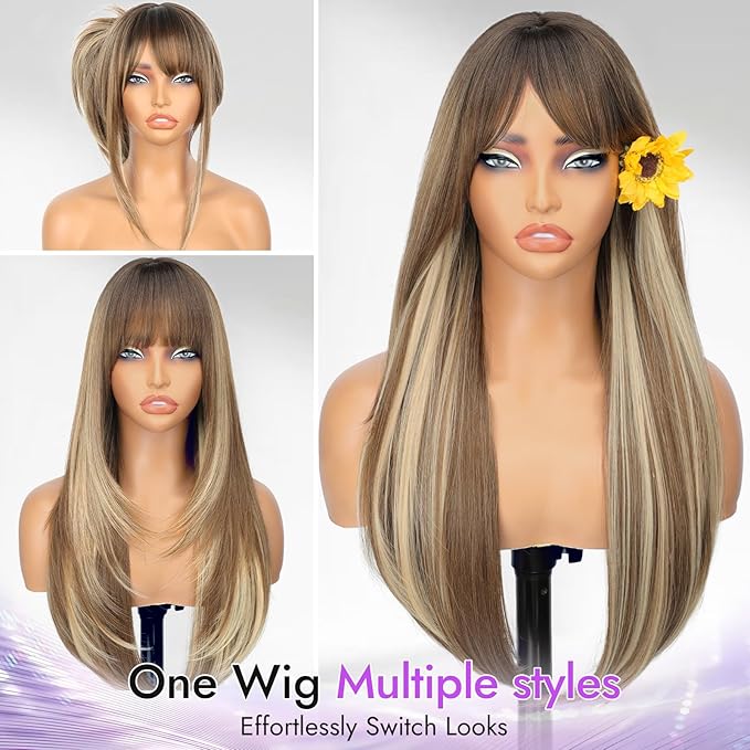 Long Ombre Light Brown With Blonde Wig with Bangs for Women,4x4 Realistic Scalp,Free Parting,Layered Hairstyle Synthetic Heat Resistant for Daily Party Use 26 inch