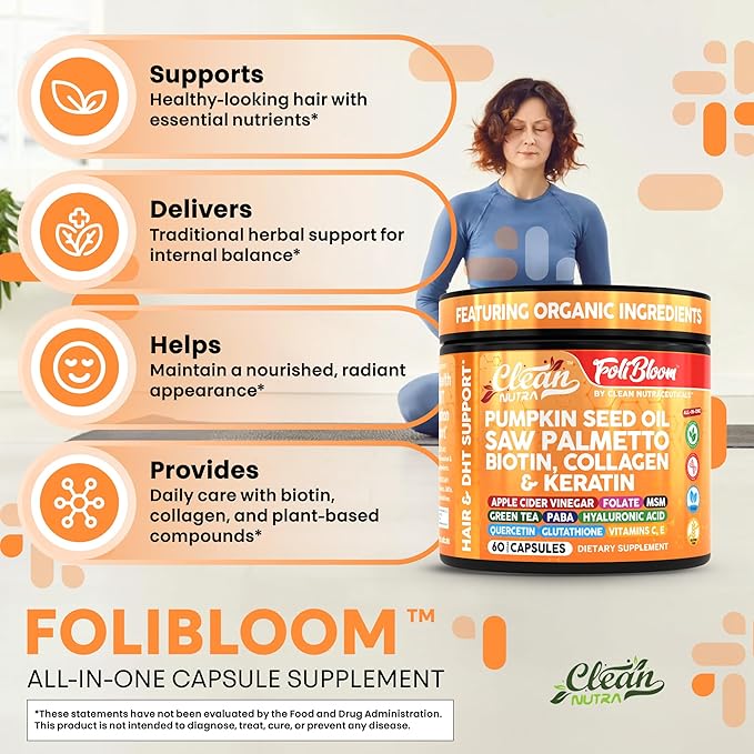 Clean Nutra Pumpkin Seed Oil Capsules + Saw Palmetto Biotin Collagen Keratin MSM Folate Hyaluronic Acid Supplements B12 Zinc Hair Supplement for Women Men Iodine 5-MTHF B-12 Vitamin B9-60 Pills
