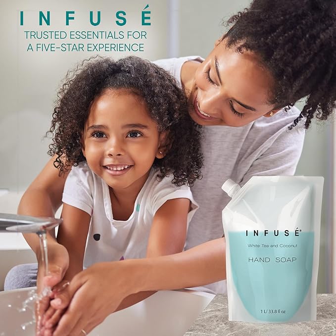 1 Liter Hand Wash Refill Bag For Soap Dispensers | Bulk Toiletries for Vacation Rentals, and Home Bathroom Showers | White Tea and Coconut | Set of 12