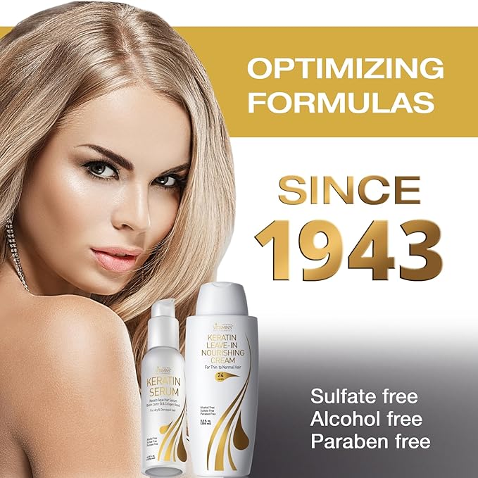 VITAMINS hair cosmetics Keratin Thin Hair Leave-In Conditioner & Hair Serum Kit - Hydrating No Rinse Nourishing Cream & Heat Protectant, Anti Frizz Gloss Boost - Pro Salon Care for Dry Damaged Hair