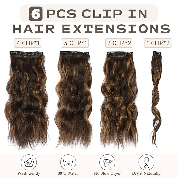 Vigorous Clip in Hair Extensions 20Inch Hair Extensions Clip Ins 6Pcs Long Wavy Synthetic Hairpieces for Women (Caraamel Brown & Dark Roasted Coffee)