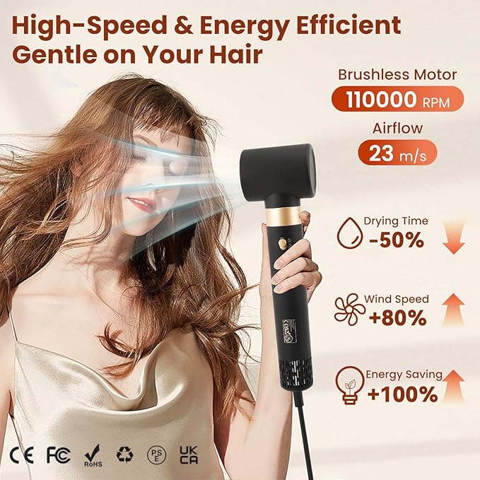 8 in 1 Hair Styler, Patented Design Professional Hot Air Styler High Speed 110000RPM Auto-Wraps Curler Detachable Powerful Blow Dryer Brush for Women Fast Drying, Volumizing, Smoothing