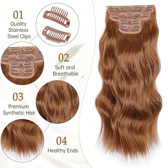 Vigorous Clip in Hair Extensions 4Pcs Long Wavy Hairpieces 20Inch Hair Extensions Clip Ins Soft Synthetic Hairpieces for Women （Orange Auburn）