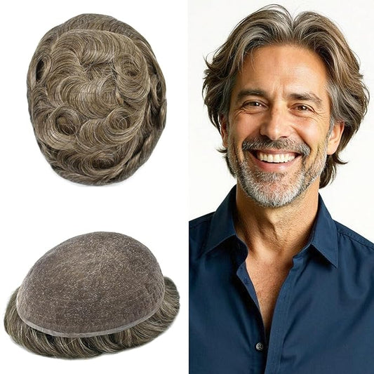 Toupee For Men Real Human Hair System Full Swiss Lace Mens Toupee Lace Hair Piece For Men Hair System Bleached Knots 8x10-80% light density#640 6# LIGHT BROWN+40% GREY
