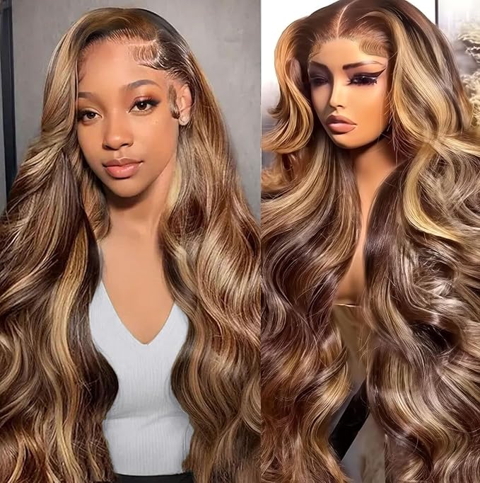 Body Wave Wig 13x6 HD Lace Front Wigs Human Hair Pre Plucked 220 Density Honey Blonde Lace Front Wig Ombre Highlight Wig P4/27 Colored for Women Human Hair Wig 26 Inch