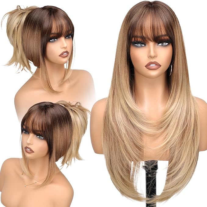 Long Honey Blonde Wig with Bangs for Women- Dark Root to Honey Blonde Ombre,4x4 Realistic Scalp,Free Parting,Layered Hairstyle Synthetic Heat Resistant for Daily Party Use 26 inch