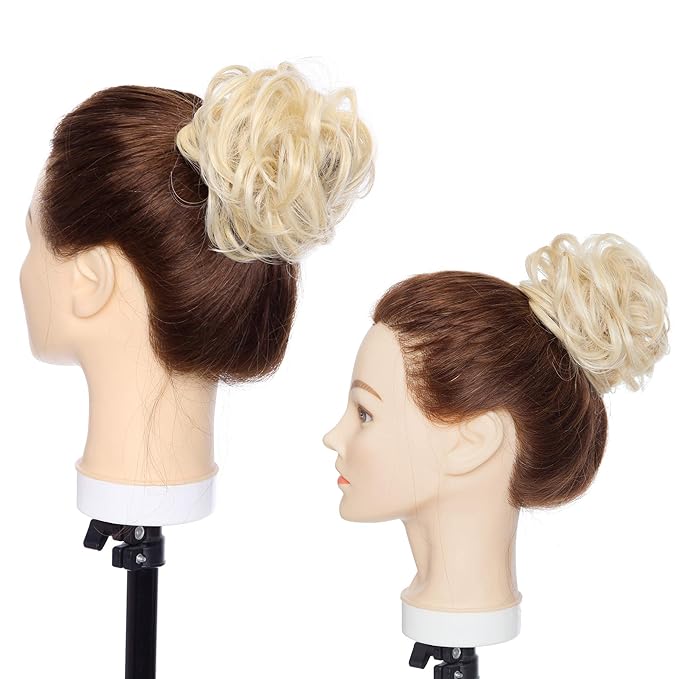 Benehair Messy Bun Hair Piece Scrunchy Updo Hair Pieces for Women Fluffy Wavy Hair Bun Scrunchies Donut Hairpiece Synthetic Chignons with Elastic Rubber Band Honey Blonde mix Bleach Blonde 1pc 25g