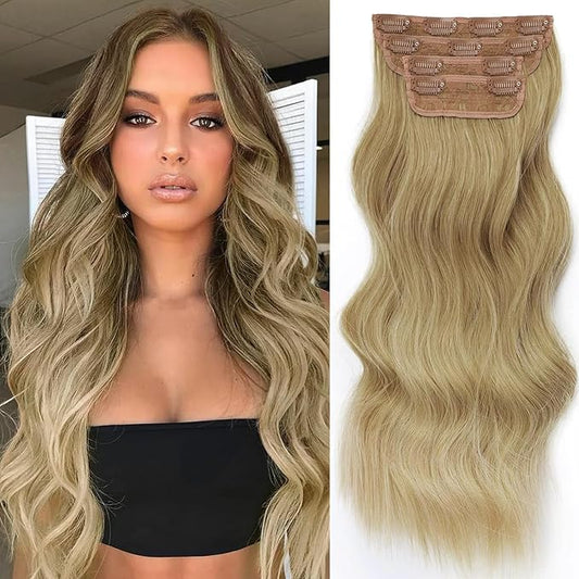 Vigorous Clip in Hair Extensions 20Inch Long Wavy Soft Synthetic Hair Extension 4Pcs Thick Hairpieces for Women（Brown Blonde Ombre