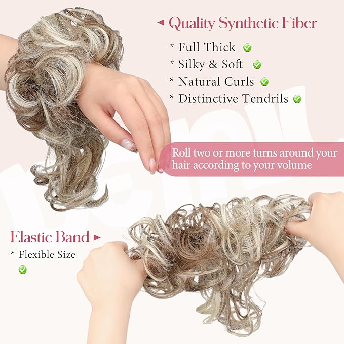 2PCS Messy Bun Hair Piece Tousled Updo with Tendrils Wavy Curly Hair Bun Scrunchies Ponytail Extension Elastic Band Hairpieces For Women (Light Brown mix Bleach Blonde)