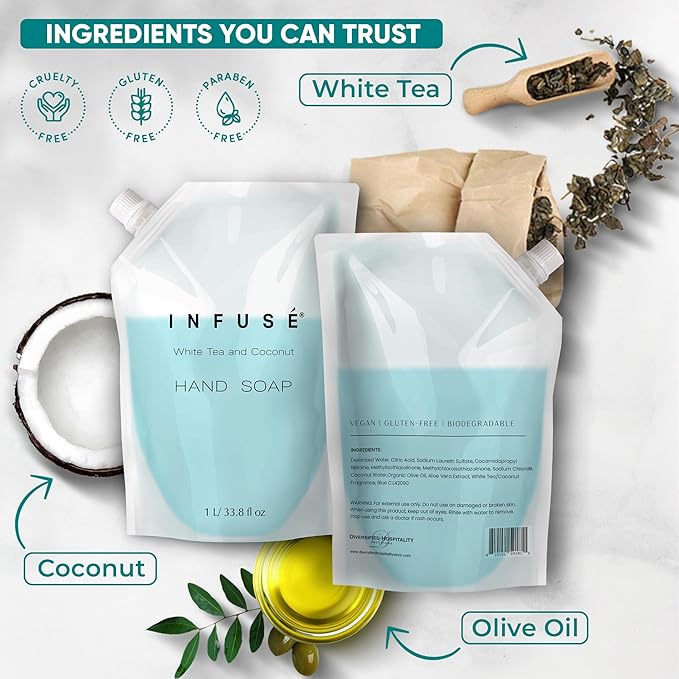 1 Liter Hand Wash Refill Bag For Soap Dispensers | Bulk Toiletries for Vacation Rentals, and Home Bathroom Showers | White Tea and Coconut | Set of 12