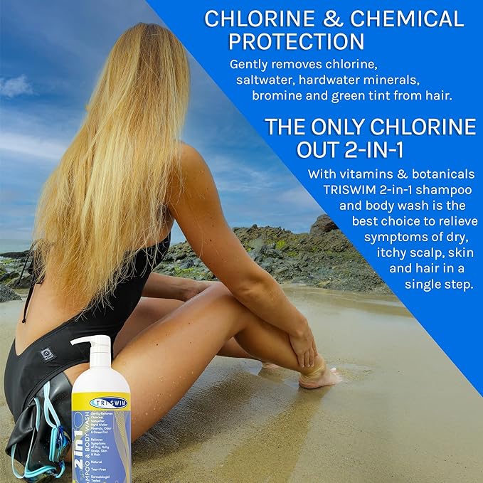 TRISWIM 2-in-1 Chlorine-Out Shampoo & Body Wash 32oz | Removes Chlorine, Saltwater, Hard Water Minerals, Copper, Green Tint | Vegan, Tear-Free, No Parabens | Watermelon Scent