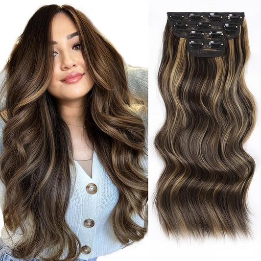 Vigorous Clip in Hair Extensions 20 Inch Brown mix Blonde Hair Extension 4PCS Long Wavy Soft Synthetic Hairpieces for Women
