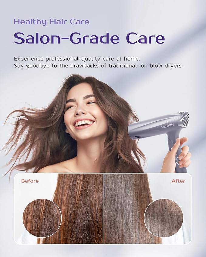 VENTRIS 1400W High-Speed Ionic Hair Dryer, Fast-Drying Lightweight Low-Noise Blow Dryer with Magnetic Diffuser & Concentrator, Cold Shot Button, BlitzFlow Series, Lucid White