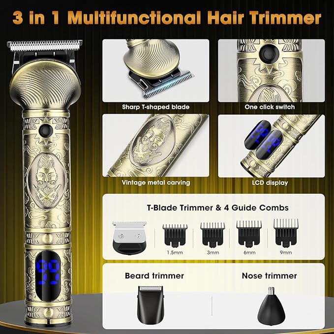 RESUXI Professional Hair Clippers for Men Electric Razor Shavers Nose Hair Trimmer and Detail Trimmer 5 Pcs Set，Cordless Beard Trimmer Barber Clippers for Hair Cutting Mens Grooming Kit