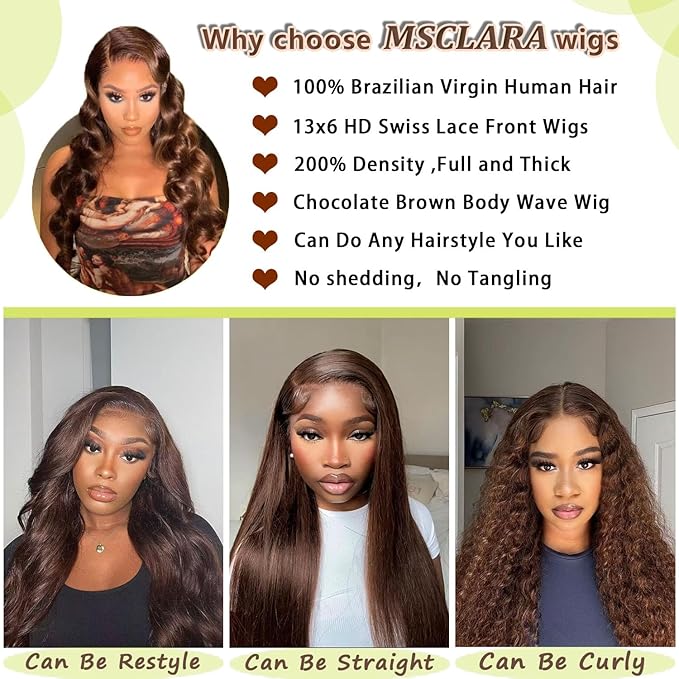200% Density Pre Plucked 13x6 HD Lace Front twigs Human Hair Body Wave Brown Wigs Human hair Chocolate Brown Lace Front Wig 32inch for Women