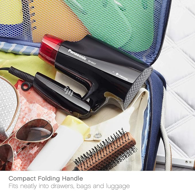 Panasonic nanoe Compact Hair Dryer for Healthy-Looking Hair, 1400W Portable, Folding Handling and QuickDry Nozzle for Fast Drying – EH-NA27-K (Black/Pink)