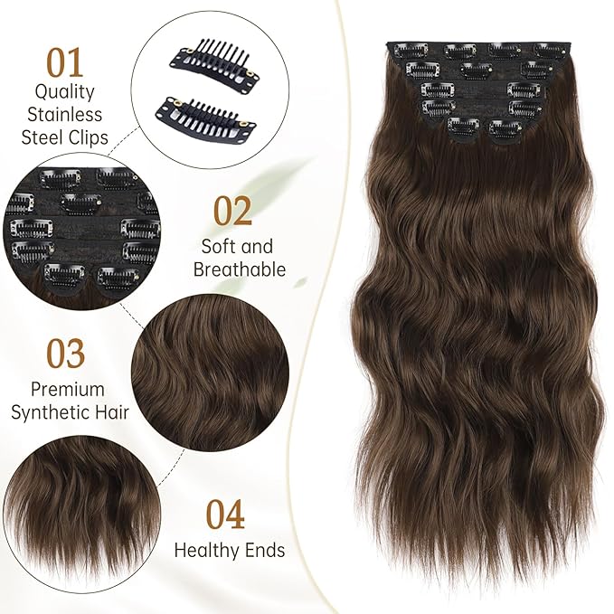 Vigorous Clip in Hair Extensions 20Inch Medium Brown Hair Extension 6Pcs Long Wavy Soft Synthetic Hairpieces for Women