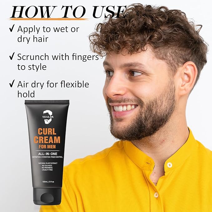 Curl Cream for Men, 5oz | Defines Curls, Controls Frizz & Hydrates with Medium Hold | Sulfate-Free, Organic & Natural Ingredients | Lightweight, Non-Greasy Styling Cream for Wavy & Curly Hair